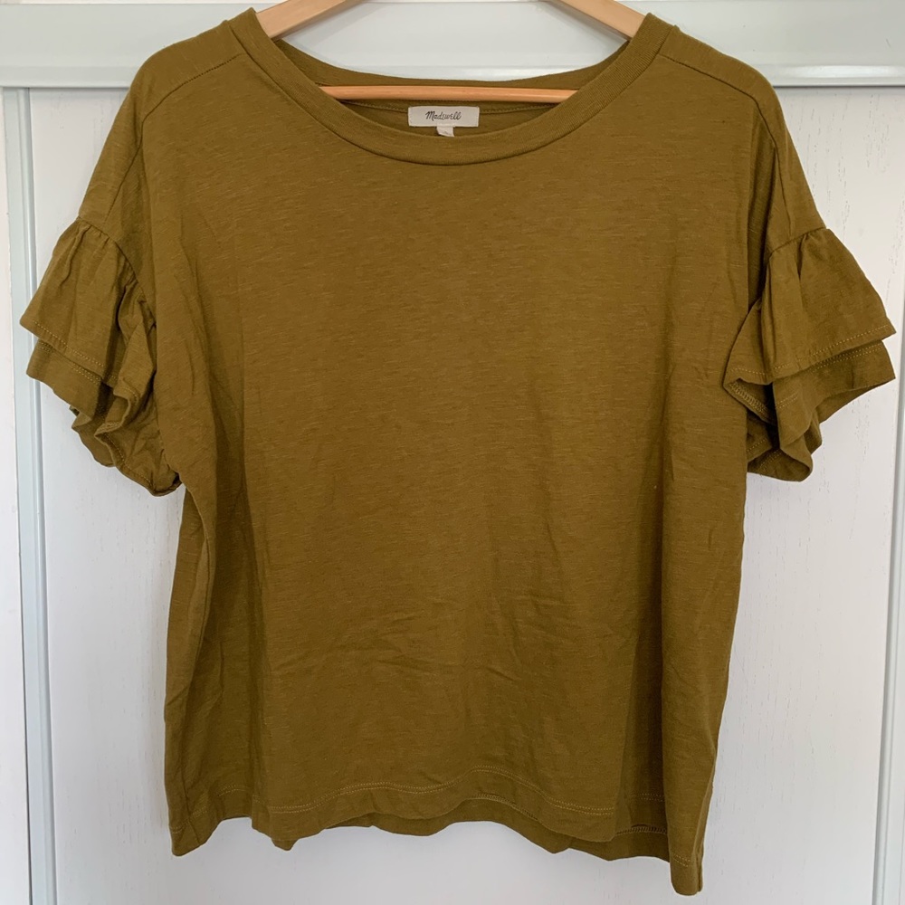 Madewell T-Shirt Top w/ Frill Sleeves Olive Green